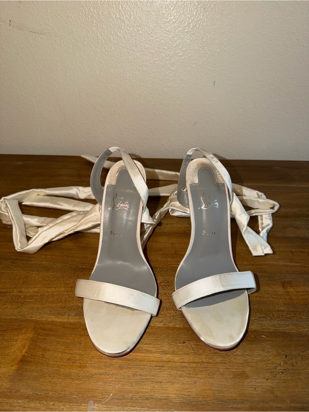 Christian Louboutin Ivory Satin Wrap-Ankle Heels